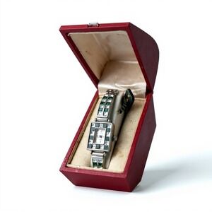 Vintage Quenex Quartz Rectangular Dress Watch Green Clear Stone  Needs Batt